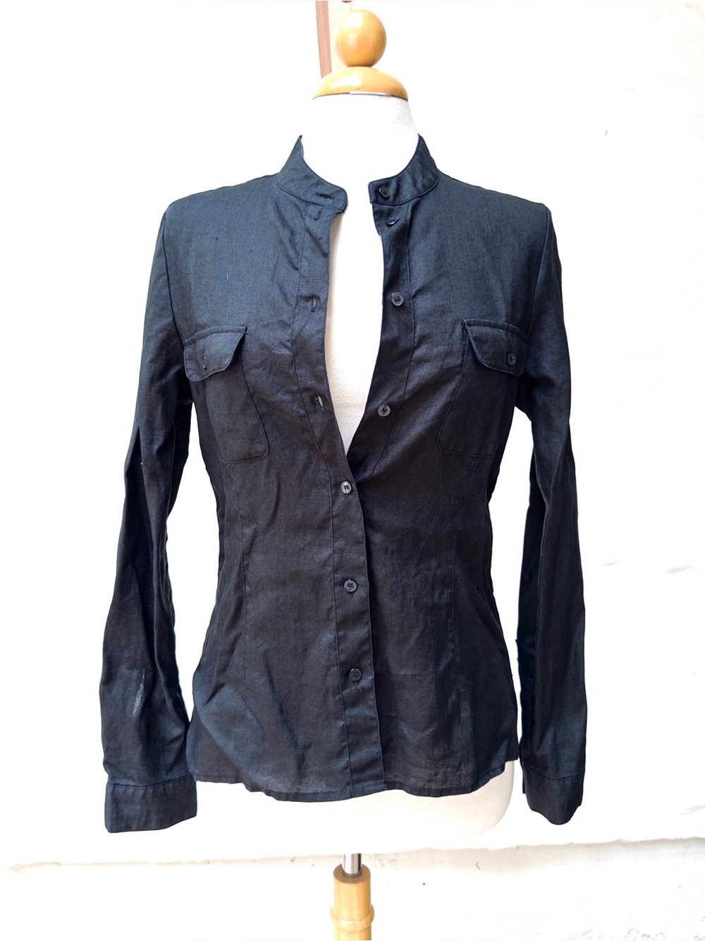 Korean Brand Black Mandarin Collar Button-Down Shirt